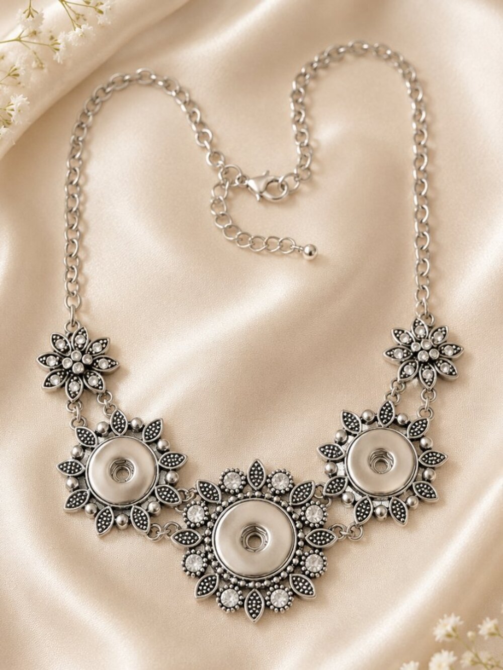 Silvertone Floral Triple Snap Necklace Rhinestone Interchangeable Pendant